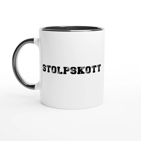 Stolpskott kaffemugg i keramik med svart handtag och humoristiskt tryck