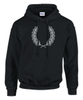 Svart hoodie med vitt tryck av en klassisk lagerkrans – stilren och minimalistisk design för vardag och streetwear.