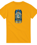Gul t-shirt med blå ölburk och text ”Svensk öl smakar vatten”.