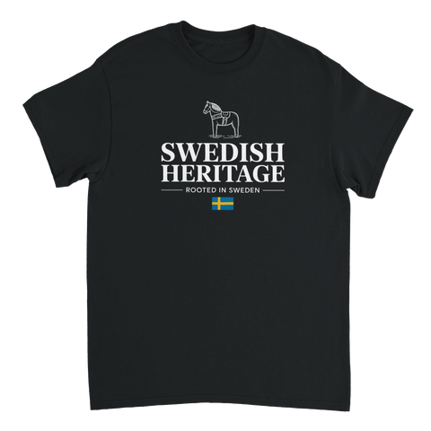 Stylish black t-shirt with a Dala horse and the text Swedish Heritage over the Swedish flag.