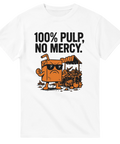 T-shirt med arg juicebox i solglasögon och texten "100% Pulp, No Mercy" ovanför.

