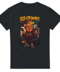 Tecknad kung i hiphopkläder med krona, guldkedja och boombox, texten "50 Crowns" på svart t-shirt.