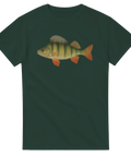 T-shirt med realistisk illustration av abborre – skogsgrön bakgrund – perfekt för sportfiske och fritid