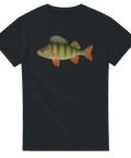 T-shirt med realistisk illustration av abborre – svart bakgrund – perfekt för sportfiske och fritid