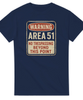 Marinblå t-shirt med tryck som liknar en Area 51-varningsskylt i retrostil