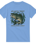 Carolina Blue t-shirt med illustration av en atlantisk öring och texten "Atlantic Trout – Cold Blooded Legacy"