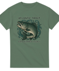 Militärgrön t-shirt med illustration av en atlantisk öring och texten "Atlantic Trout – Cold Blooded Legacy"