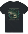 Svart t-shirt med illustration av en atlantisk öring och texten "Atlantic Trout – Cold Blooded Legacy"