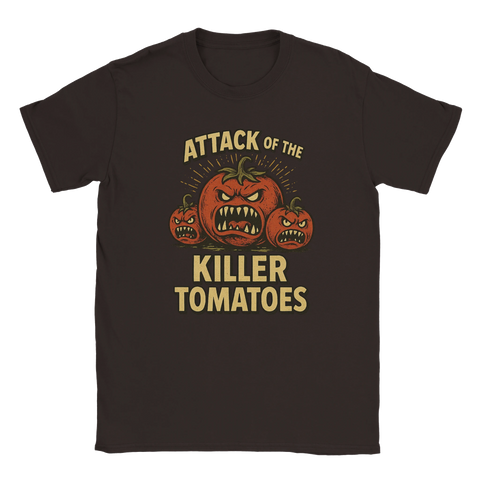 T-shirt med skräckfilmsinspirerat motiv och mordiska tomater i retrostil