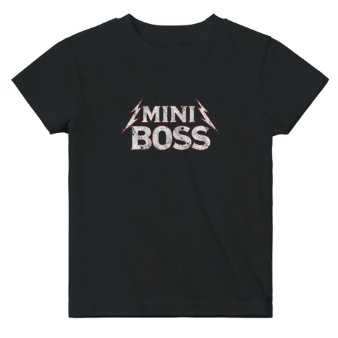 Svart baby t-shirt med rockigt Mini Boss tryck i sliten vit vintage-stil