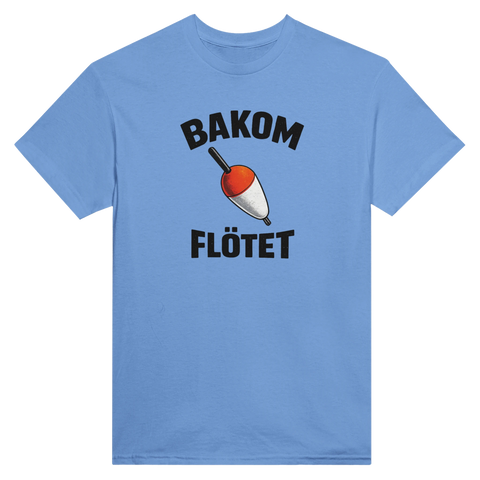 Rolig t-shirt för sportfiske med ett klassiskt rödvitt flöte och texten Bakom Flötet