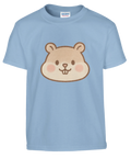 Ljusblå barn-t-shirt med ett tecknat hamsteransikte med runda kinder och öron.