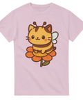 Rosa t-shirt med en tecknad katt utklädd till bi, sittandes på en blomma.