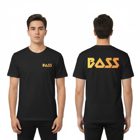 T-shirt med stor text BOSS i hårdrock och metaldesign