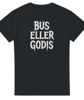 Svart t-shirt med texten Bus eller godis i vit skräckstil
