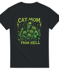 Svart t-shirt med grön neonteckning av skelettkvinna och två skräckkatter, text "Cat Mom From Hell".