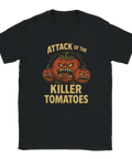 Svart t-shirt med arga tecknade tomater och texten “Attack of the Killer Tomatoes”