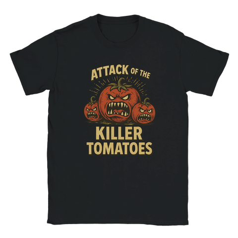 Svart t-shirt med arga tecknade tomater och texten “Attack of the Killer Tomatoes”