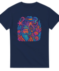 Tecknad t-shirt med bläckfisk i hatt, skäggig man och neonfärgad undervattensvärld.