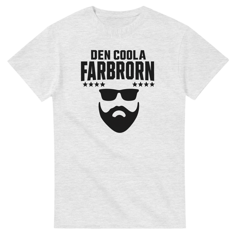 Grå t-shirt med texten Den coola farbrorn och skäggig figur med solglasögon