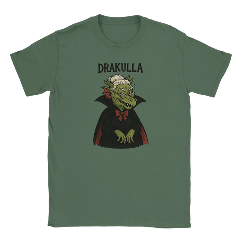 grön t-shirt med tecknad drakvampyr och texten Drakulla