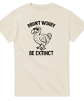 Cremefärgad t-shirt med illustration av dront i solglasögon och texten Dront Worry Be Extinct