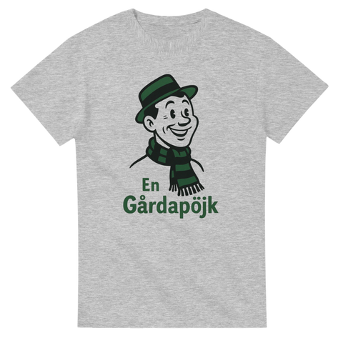 Grå T-shirt med retro man i grönsvart halsduk och hat som en gaisare. Text "En gårdapöjk". 