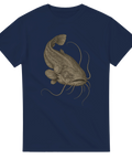 Marinblå t-shirt med realistisk illustration av en europeisk mal med långa skäggtömmar.