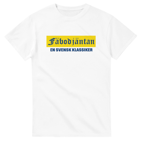 T-shirt med texten “Fäbodjäntan – en svensk klassiker” i blågult på vit bakgrund