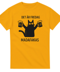 T-shirt med svart katt som håller öl och texten "Det är fredag madafakas"