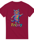 T-shirt med färgglad katt som dansar och texten Friyay