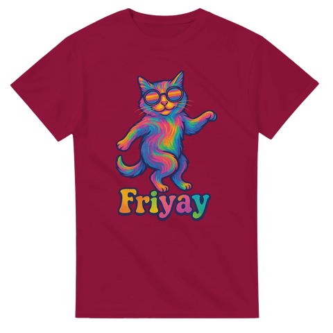 T-shirt med färgglad katt som dansar och texten Friyay