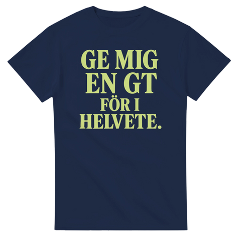 Marinblå tröja med grön text om att ge en gin och tonic