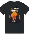 T-shirt med motiv av futuristiskt Stockholm och Globen år 2084 i retro sci-fi stil