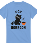 Blå t-shirt med tecknad svart katt och kaffekopp samt texten “God Morrgon”

