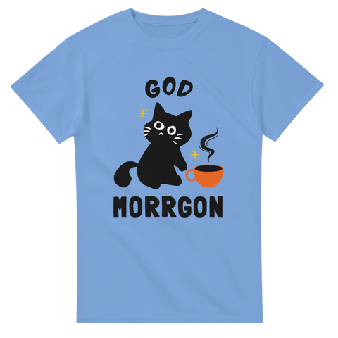Blå t-shirt med tecknad svart katt och kaffekopp samt texten “God Morrgon”

