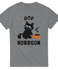 Rolig t-shirt för morgontrötta – katt och kaffe i perfekt harmoni