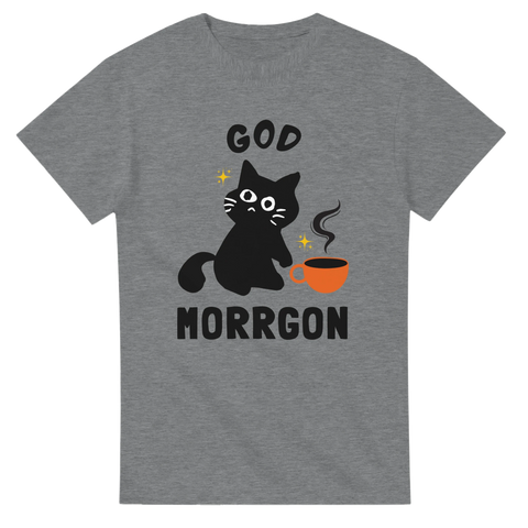 Rolig t-shirt för morgontrötta – katt och kaffe i perfekt harmoni