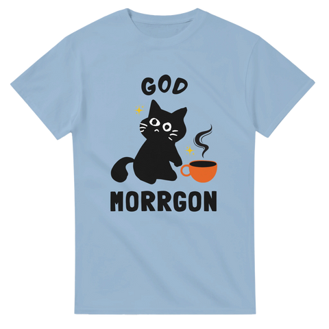 Ljusblå t-shirt med tecknad svart katt och kaffekopp samt texten “God Morrgon”