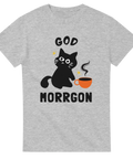 Ljusgrå t-shirt med tecknad svart katt och kaffekopp samt texten “God Morrgon”

