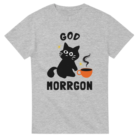 Ljusgrå t-shirt med tecknad svart katt och kaffekopp samt texten “God Morrgon”

