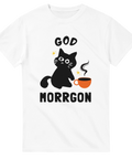 Vit t-shirt med tecknad svart katt och kaffekopp samt texten “God Morrgon”

