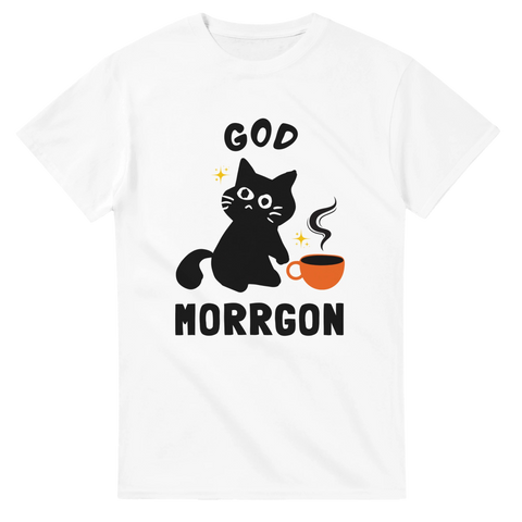 Vit t-shirt med tecknad svart katt och kaffekopp samt texten “God Morrgon”

