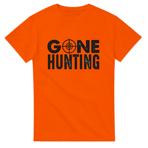 T-shirt med jaktmotiv – Gone Hunting-tryck i svart på orange bakgrund

