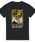 T-shirt med en tecknad makrill som hoppar mot en blixt, omgiven av reggaefärger och texten “Gött Änna!” och “Go Eller?”