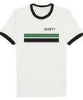 Retro T-shirt med grönsvart mönster och Shirtys logo. 