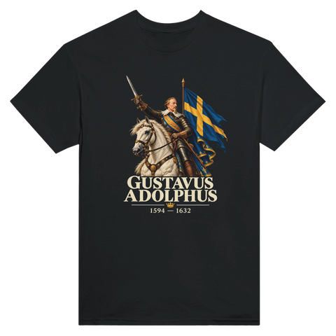 Svart t-shirt med Gustav II Adolf till häst, svensk flagga och texten ”Gustavus Adolphus”