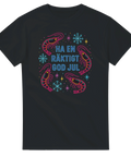 Svart t-shirt med neonfärgade räkor, snöflingor och texten Ha en räktigt god jul