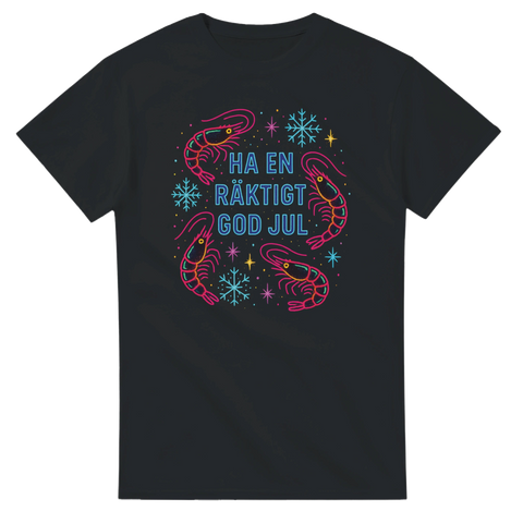 Svart t-shirt med neonfärgade räkor, snöflingor och texten Ha en räktigt god jul