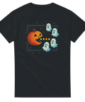 svart T-shirt med pacman-inspirerad pumpa som jagar spöken i halloweensti